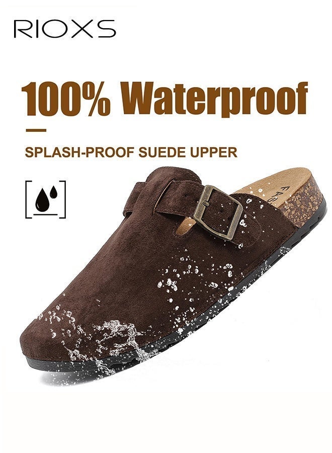 RIOXS Unisex Suede Clogs, Women's Flat Mules Men's Clogs Mules, Premium Suede Leather Clogs Sandals, Anti-Slip Flat Mules for Men Women, Classic Slip-On Closed Toe Slippers, Clog Potato Shoes with Arch Support, Soft Cork Footbed Adjustable Buckle Slip Sandals, Casual Clogs for Indoors Outdoor Activities, Wide Feet Friendly Clogs for Work and Weekend Outings, ​Coffer Brown Suede Mules - Image 4